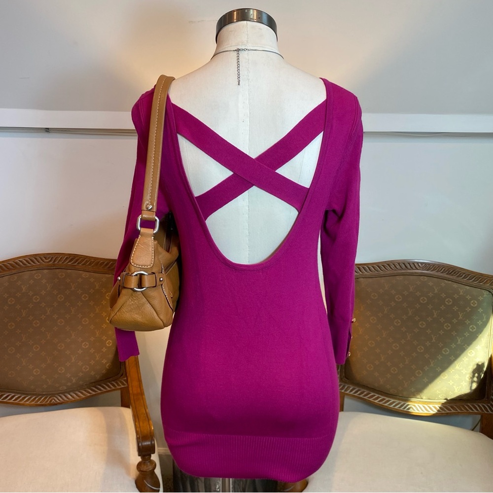Cache Y2K Fuchsia Sexy Knit Top, Scoop Neck & Cross-Back Design, Size Small - Picture 2 of 4